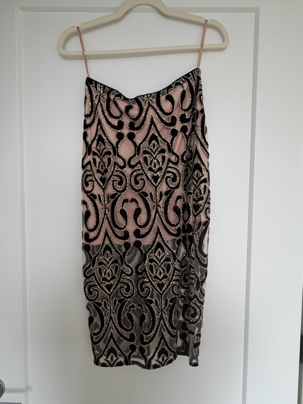 Vintage Nude and sheer with Black and Gold Sequin Overlay pencil skirt